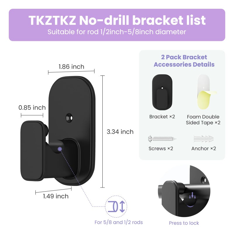 TKZTKZ No Drill Curtain Rod Brackets:Self Adhesive Curtain Rod Holders for Rod 5/8"" No Screw Curtain Rod Bracket No Drilling Heavy Duty No Damage Stick on Curtain Rod Hooks Hangers No Nail Black 2Pack - Image 4